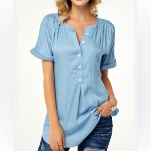 ROTITA ROLL SLEEVE Sz L BLUE WOMENS BUTTON FRONT SPLIT NECK BLOUSE PLEATED BACK